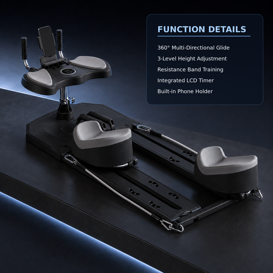 A black and gray multi-directional ski/snowboard training glide with footrests and a built-in phone holder, shown on a dark studio background with a blue glow and a 'FUNCTION DETAILS' text box highlighting features.