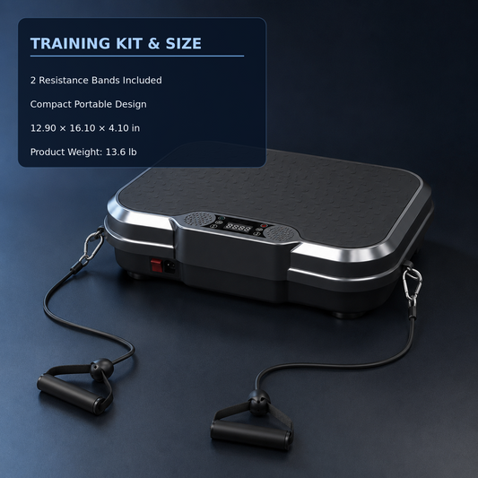 A compact portable vibration plate exercise machine with attached resistance bands and handles, shown on a dark studio background with a navy text panel in the upper left reading 'TRAINING KIT & SIZE' and listing included resistance bands, compact portable design, dimensions, and weight.