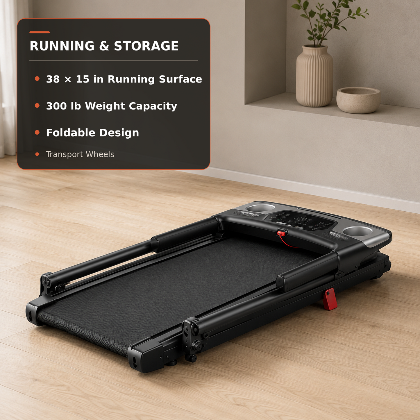 A black folding treadmill shown on a light wood floor in a styled interior room. A large text panel in the upper left lists features such as running surface size, weight capacity, foldable design, and transport wheels.