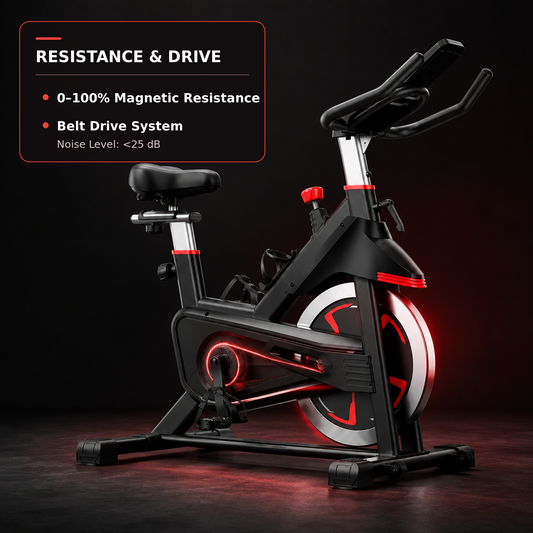 Black magnetic exercise bike with red illuminated accents and a white flywheel, shown on a dark studio background with feature text overlay.
