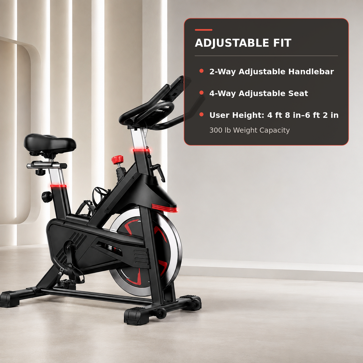 Black indoor stationary bike with red accents and an adjustable seat/handlebar, shown in a clean studio setting with a text callout on the right describing fit adjustments.