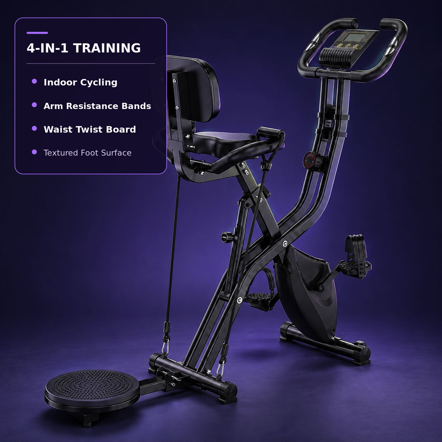 Black multi-functional indoor exercise bike with a seat, handlebars, pedals, and a circular foot platform, shown on a dark purple studio background with a text callout listing features.