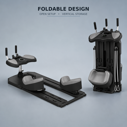 A foldable exercise/ergonomic device shown in two views on a light blue studio background: one open setup with two padded handles and one upright folded storage view. Text at the top reads 'FOLDABLE DESIGN OPEN SETUP • VERTICAL STORAGE'.