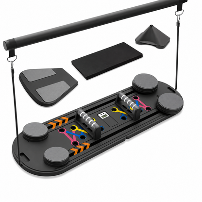 An exercise trampoline set with a black frame, hanging bar, foam mat, stability pads, and colorful spring attachments, shown on a clean white background.