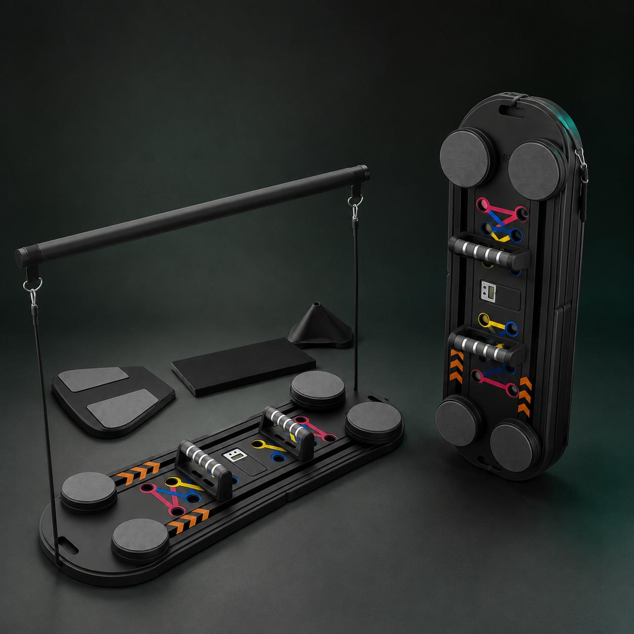 A black resistance band set displayed on a dark studio background, including a resistance tube frame, a resistance tube with multiple colored bands, a carrying case, and several accessories.