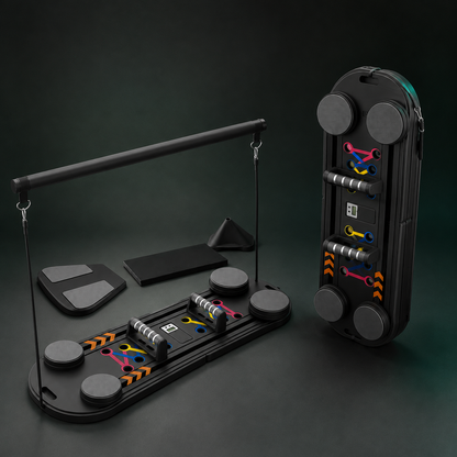 A black resistance band set displayed on a dark studio background, including a resistance tube frame, a resistance tube with multiple colored bands, a carrying case, and several accessories.