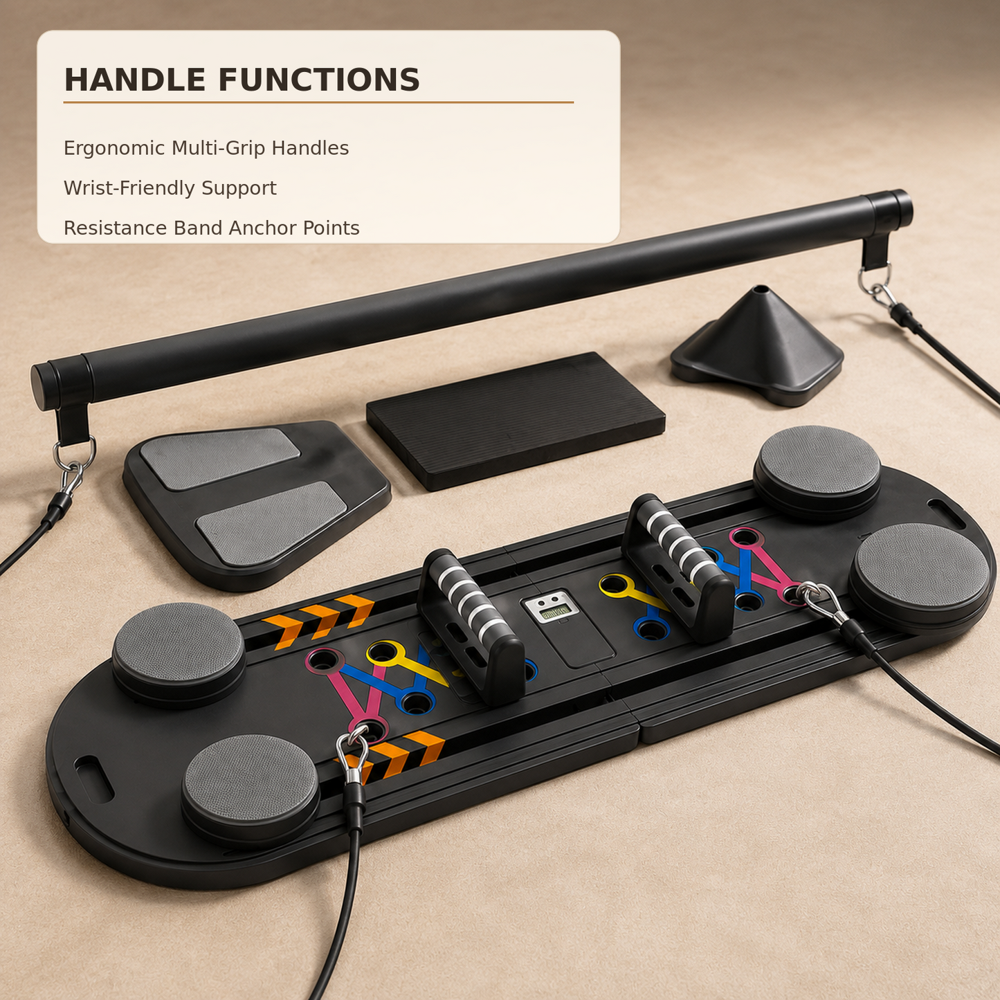 A black resistance band set laid out on a beige surface, including a long handle, a multi-grip handle pad, a rectangular grip pad, a cone, and several resistance tubes and cords. A cream text box at the top reads 'HANDLE FUNCTIONS' with bullet points about ergonomic multi-grip handles, wrist-friendly support, and resistance band anchor points.