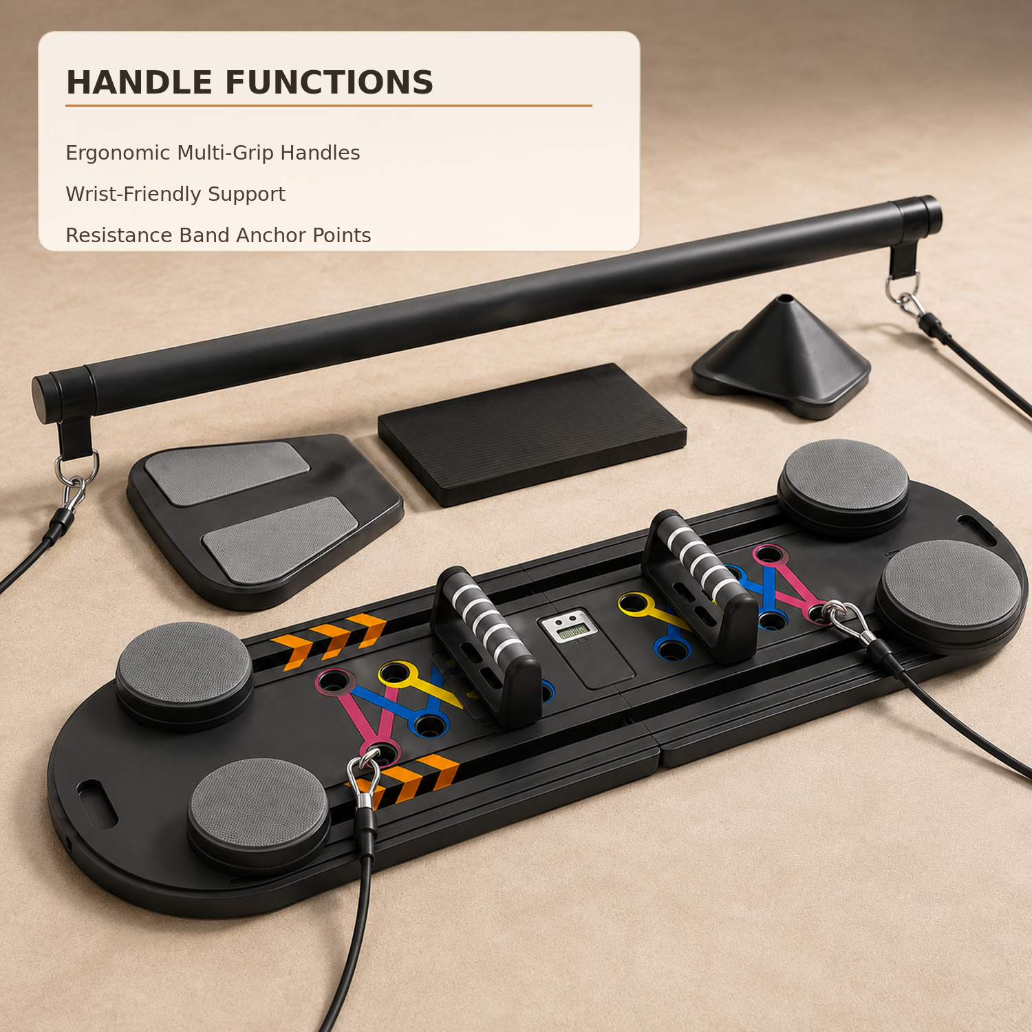 A black resistance band set laid out on a beige surface, including a long handle, a multi-grip handle pad, a rectangular grip pad, a cone, and several resistance tubes and cords. A cream text box at the top reads 'HANDLE FUNCTIONS' with bullet points about ergonomic multi-grip handles, wrist-friendly support, and resistance band anchor points.