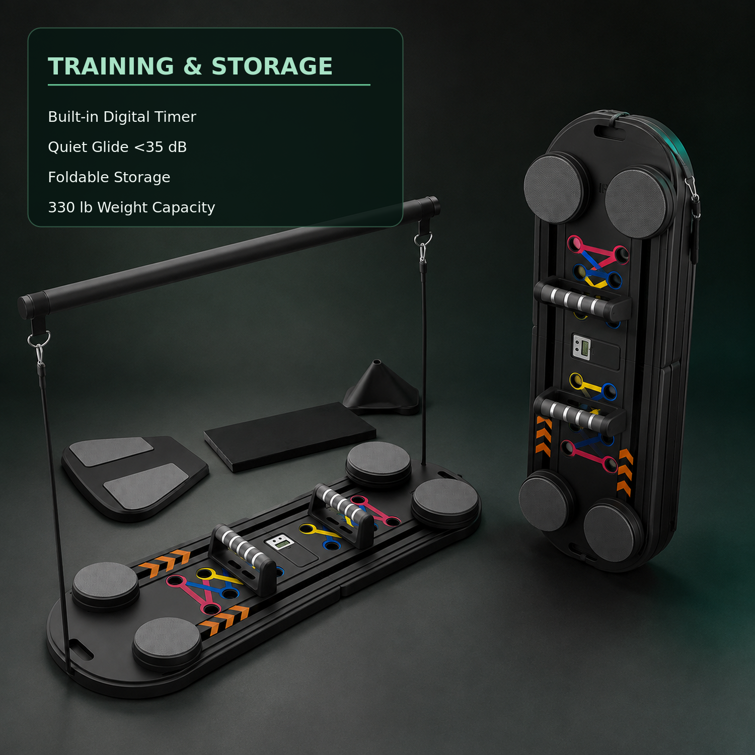 An indoor trampoline or exercise pad set shown on a dark studio background, with the main pad and a tall storage/charging unit beside it. A text box in the upper left reads 'TRAINING & STORAGE' and lists features like a built-in digital timer, quiet glide under 35 dB, foldable storage, and 330 lb weight capacity.