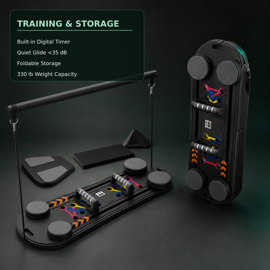 An indoor trampoline or exercise pad set shown on a dark studio background, with the main pad and a tall storage/charging unit beside it. A text box in the upper left reads 'TRAINING & STORAGE' and lists features like a built-in digital timer, quiet glide under 35 dB, foldable storage, and 330 lb weight capacity.