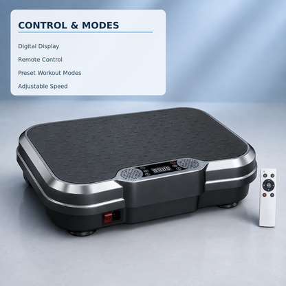 A digital vibration plate exercise platform with a textured black top, silver trim, and a small control display on the front, shown alongside a white remote control. A text box in the upper left lists features such as digital display, remote control, preset workout modes, and adjustable speed.