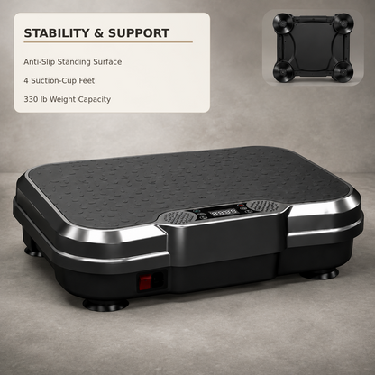 Black and silver vibration plate exercise machine with a textured non-slip top surface, digital display screen, and suction-cup feet, shown on a gray background with a feature callout box in the upper left and a small inset showing the feet.