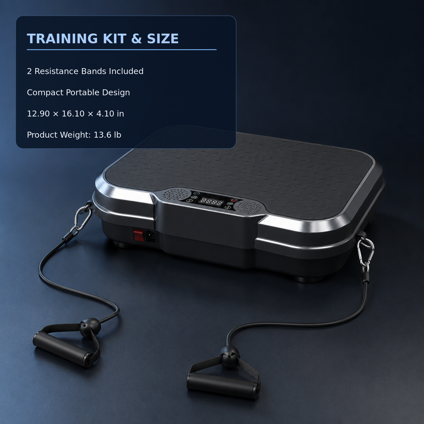 A compact portable vibration plate exercise machine with attached resistance bands and handles, shown on a dark studio background with a navy text panel in the upper left reading 'TRAINING KIT & SIZE' and listing included resistance bands, compact portable design, dimensions, and weight.