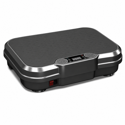 A dark gray and black digital vibration plate exercise machine with a textured top surface, metallic silver trim, and a small digital display screen on the front.