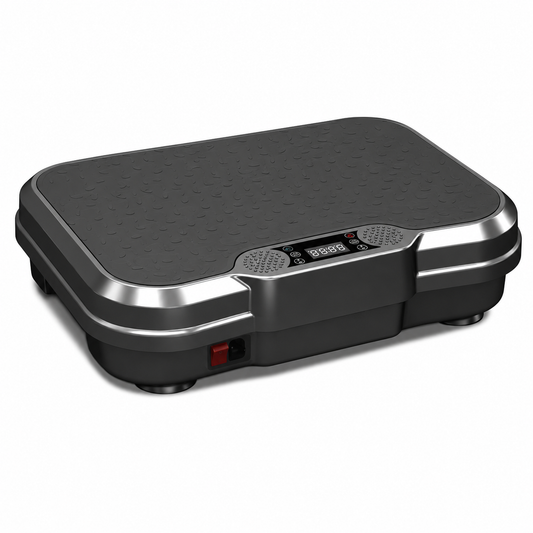 A dark gray and black digital vibration plate exercise machine with a textured top surface, metallic silver trim, and a small digital display screen on the front.