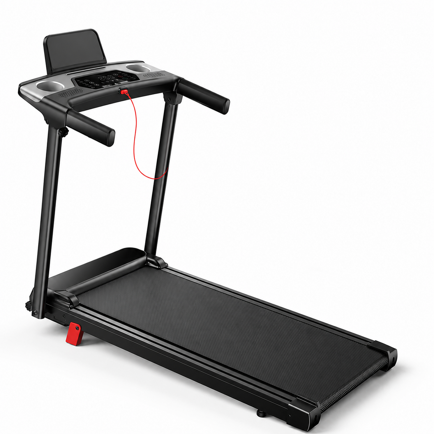 A black folding treadmill with a digital display screen on the console, padded running belt, and red safety lanyard, shown on a clean white background.