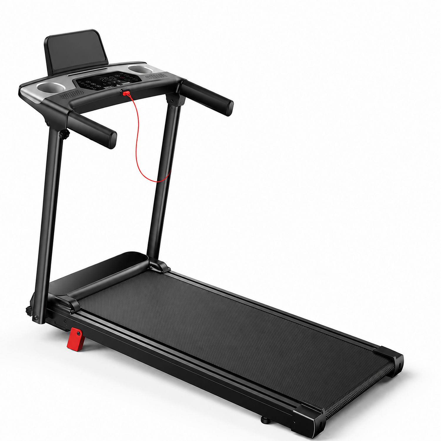 A black folding treadmill with a digital display screen on the console, padded running belt, and red safety lanyard, shown on a clean white background.