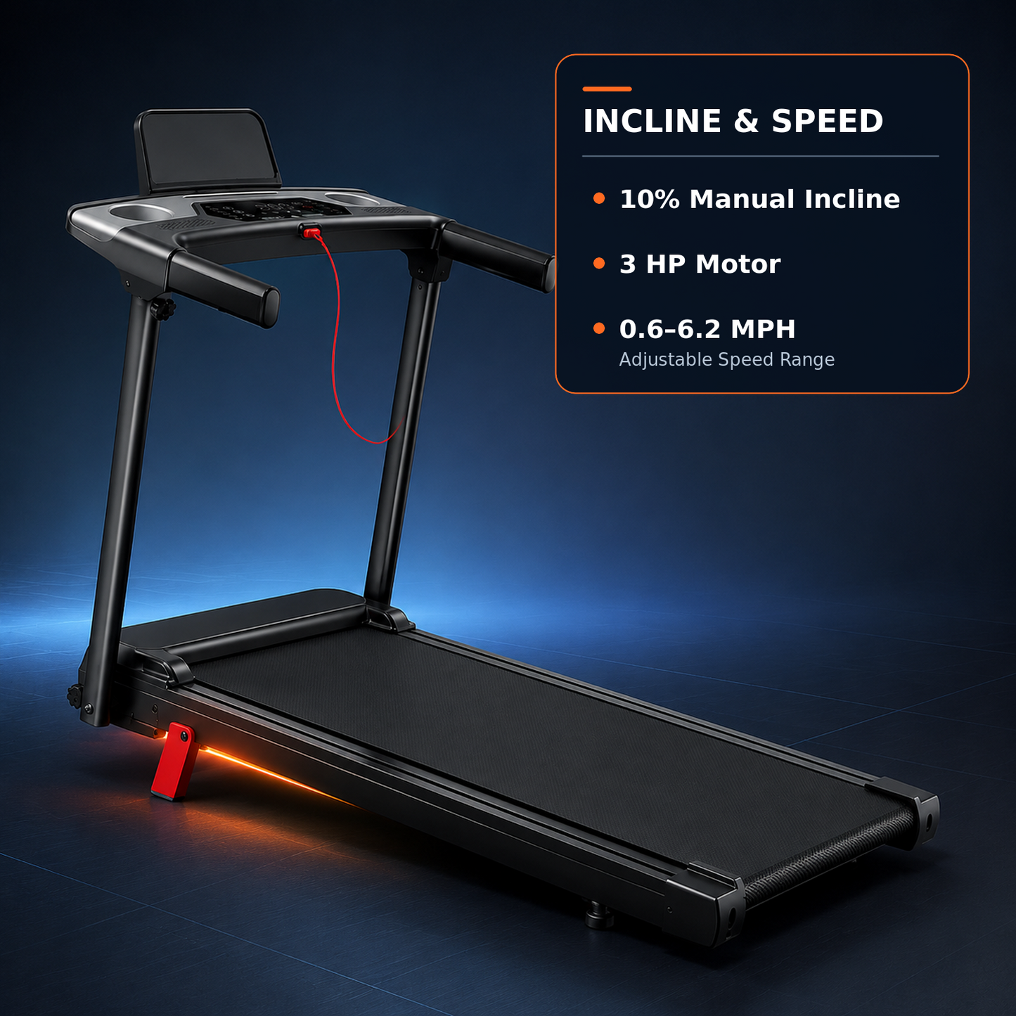 A black folding treadmill shown at an angle on a dark blue gradient background, with a text callout on the right listing features such as 10% manual incline, 3 HP motor, and 0.6-6.