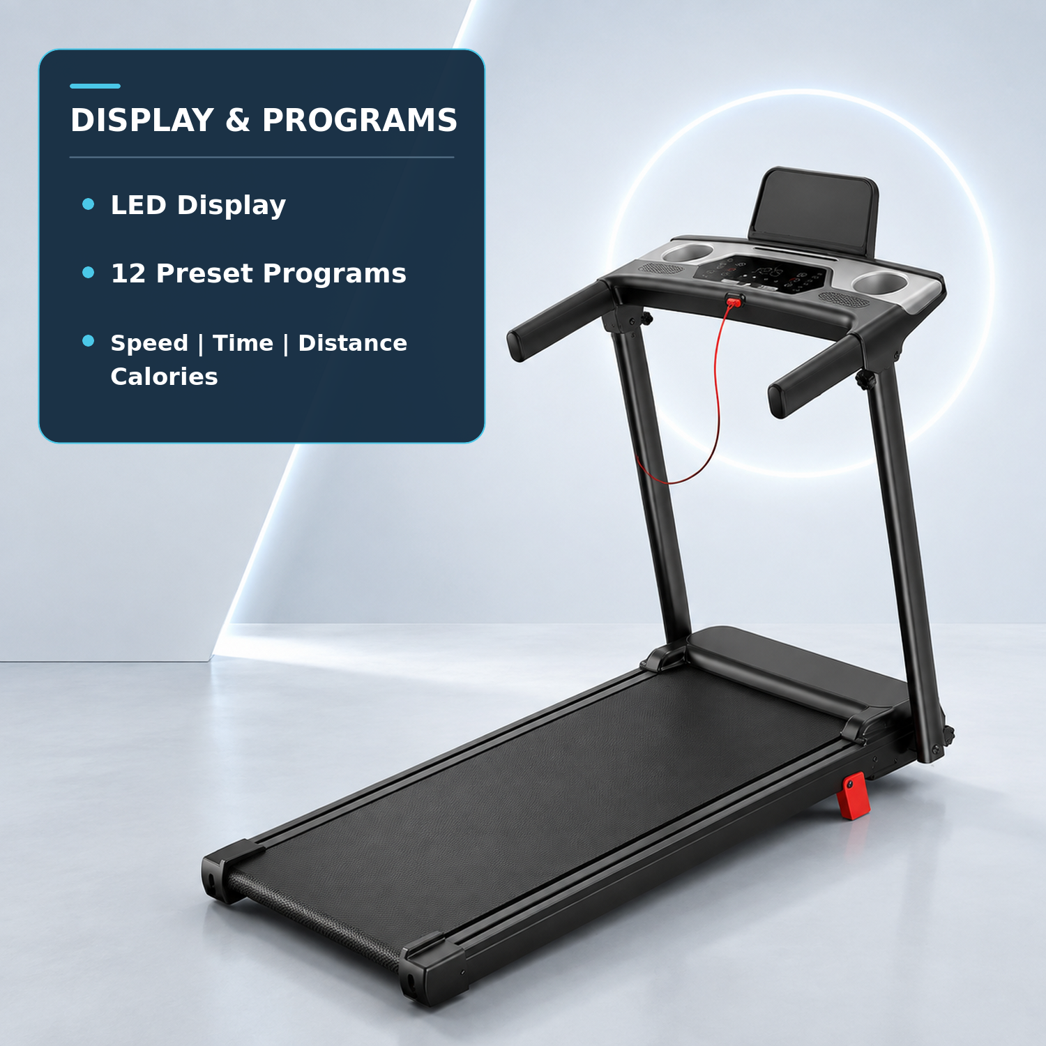 Black folding treadmill shown at an angle on a light gray studio floor with a glowing circular backdrop. A dark blue callout box on the left reads 'DISPLAY & PROGRAMS' with bullet points about LED display, 12 preset programs, and speed/time/distance/calories.