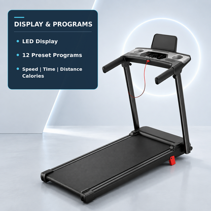 Black folding treadmill shown at an angle on a light gray studio floor with a glowing circular backdrop. A dark blue callout box on the left reads 'DISPLAY & PROGRAMS' with bullet points about LED display, 12 preset programs, and speed/time/distance/calories.