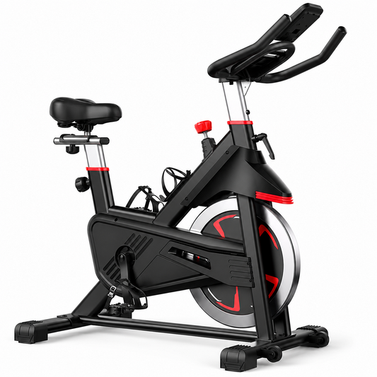 A black indoor cycling machine with red accents, featuring a padded saddle, adjustable handlebars, and a large flywheel, shown on a clean white background.
