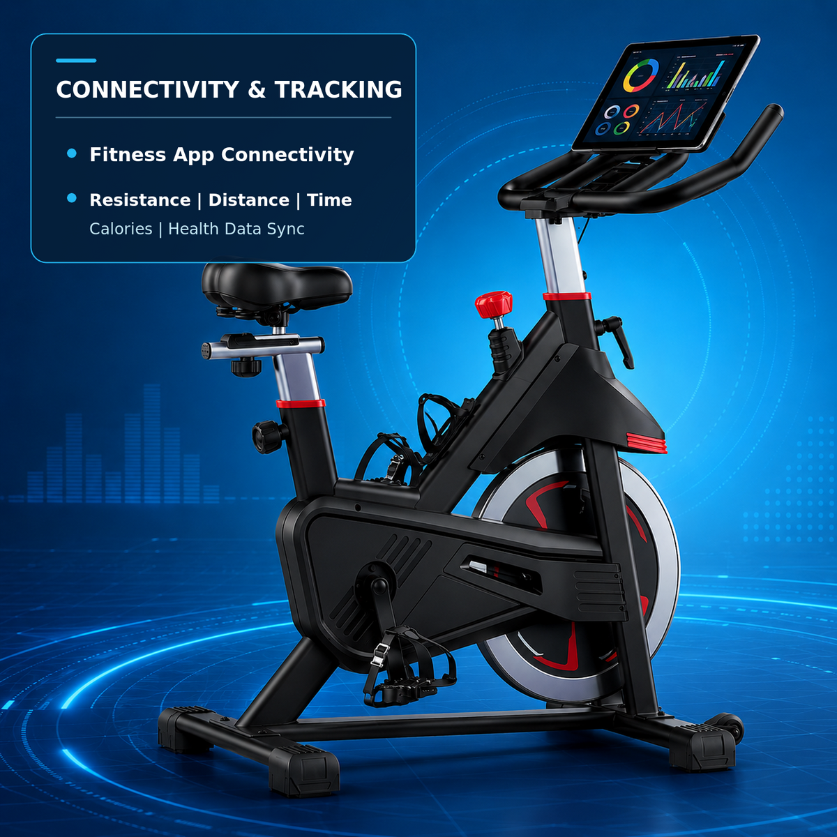 Black and silver indoor stationary exercise bike with a digital display screen on the handlebars, shown on a blue digital background with text highlighting connectivity and tracking features.