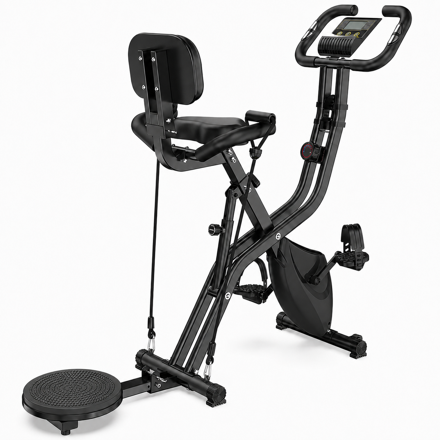 Black multi-functional home exercise bike with a seat backrest, foot platform, adjustable handlebars, and an integrated digital display screen, shown on a white background.