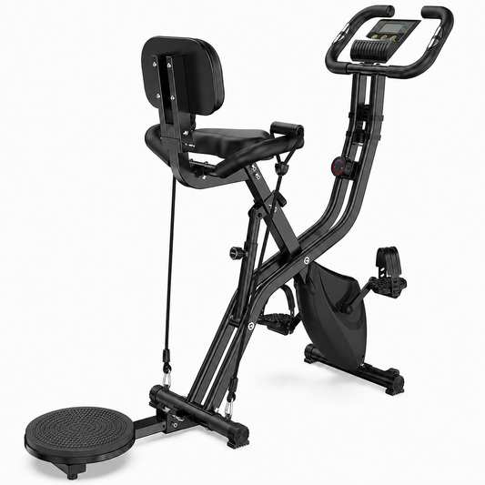 Black multi-functional home exercise bike with a seat backrest, foot platform, adjustable handlebars, and an integrated digital display screen, shown on a white background.