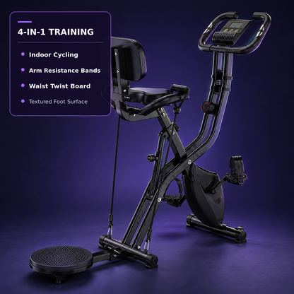 Black multi-functional indoor exercise bike with a seat, handlebars, pedals, and a circular foot platform, shown on a dark purple studio background with a text callout listing features.
