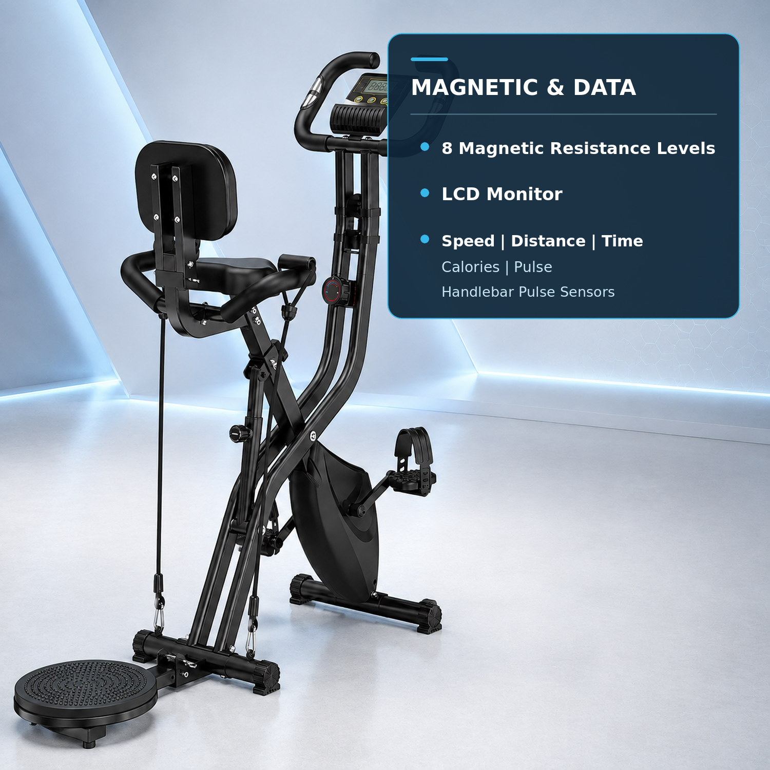 A black magnetic resistance exercise bike with a seat, handlebars, foot pedals, and a circular platform, shown on a clean light gray studio background with a blue informational overlay listing features like LCD monitor, speed, distance, time, and magnetic resistance levels.