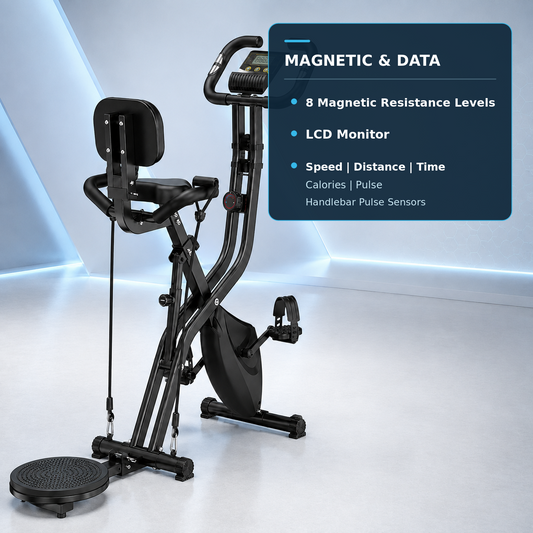 A black magnetic resistance exercise bike with a seat, handlebars, foot pedals, and a circular platform, shown on a clean light gray studio background with a blue informational overlay listing features like LCD monitor, speed, distance, time, and magnetic resistance levels.