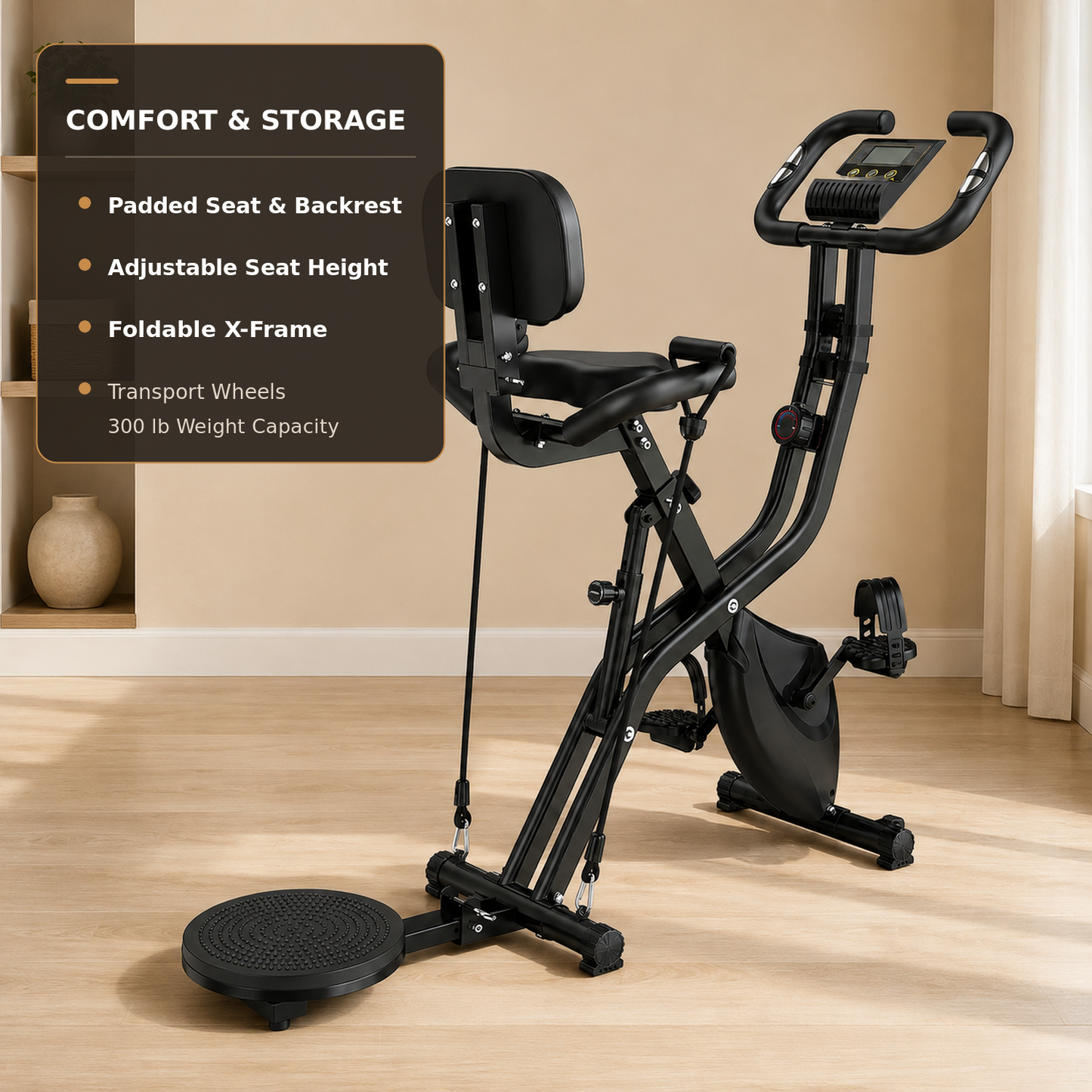 Black folding exercise bike with an attached padded seat and backrest, shown in a home interior with a wooden floor. A large text panel on the left lists features like padded seat and backrest, adjustable seat height, foldable X-frame, and transport wheels.
