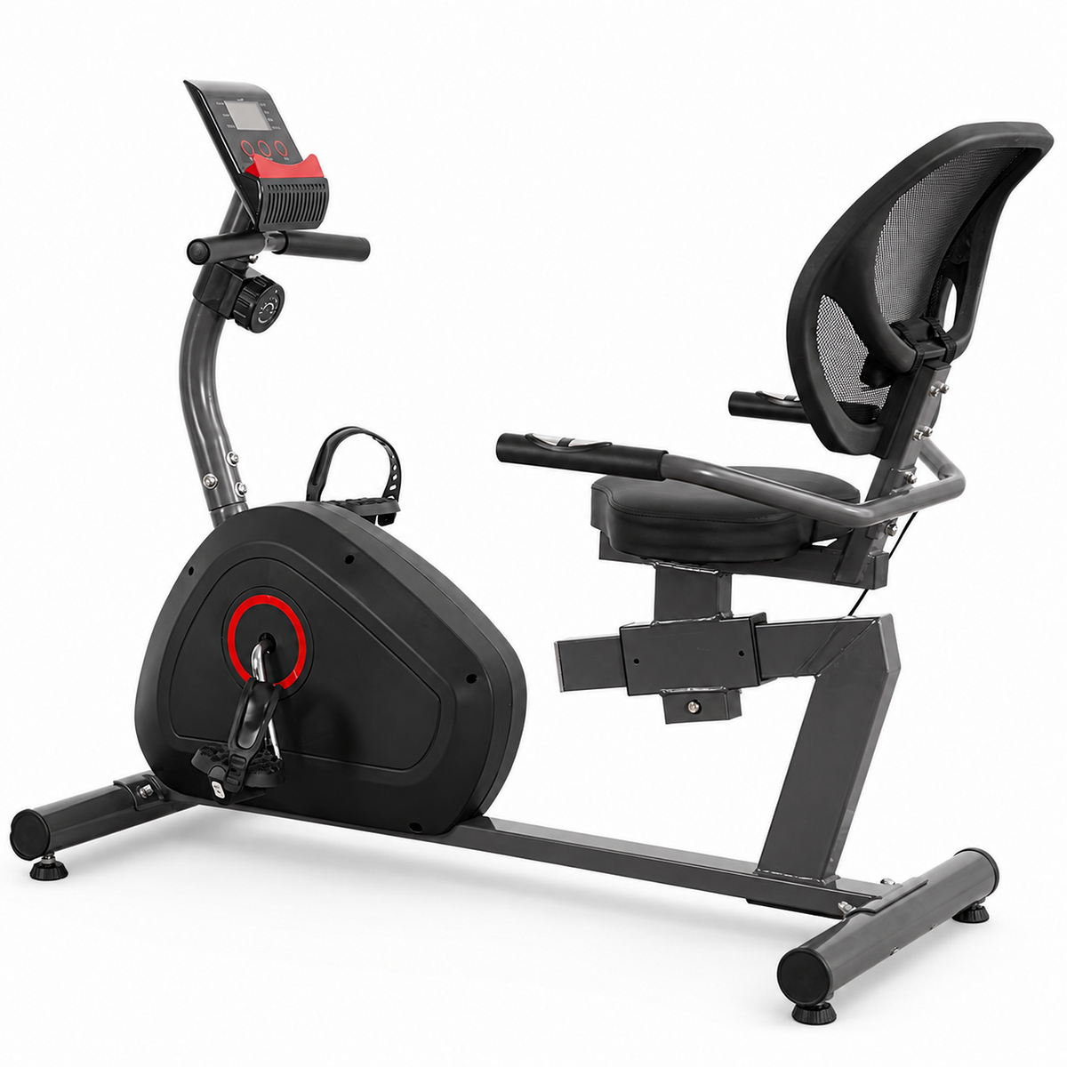 A black and gray recumbent exercise bike with a digital display screen, padded seat, and adjustable backrest, shown on a plain white background.