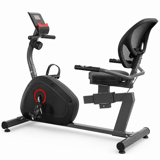 A black and gray recumbent exercise bike with a digital display screen, padded seat, and adjustable backrest, shown on a plain white background.