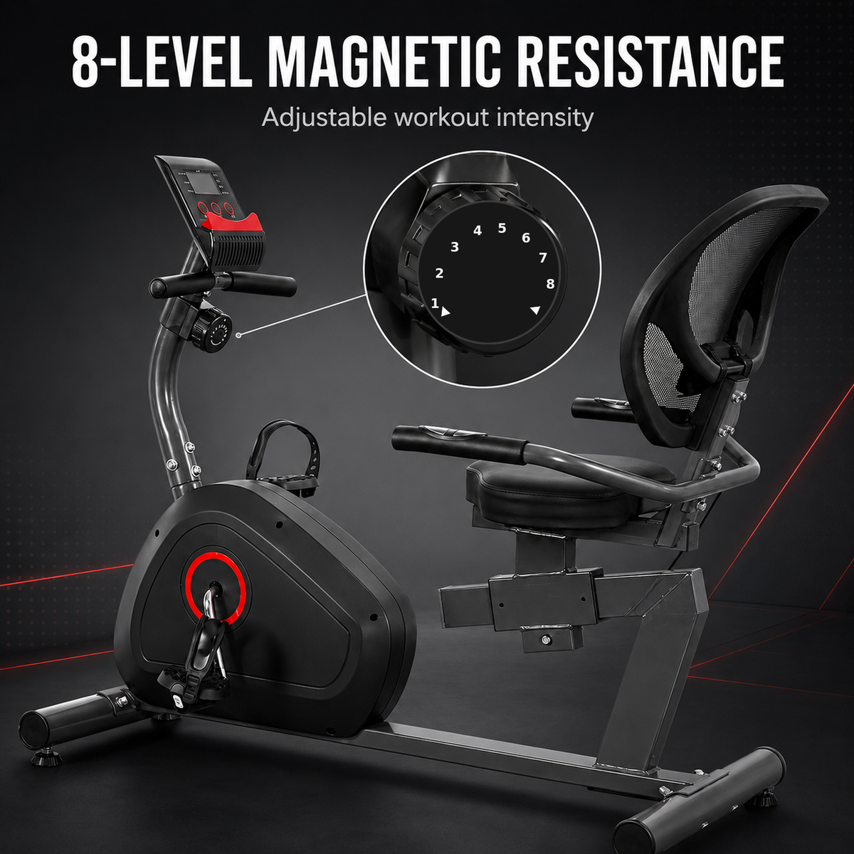 A black and gray 8-level magnetic resistance recumbent exercise bike with a digital display and an adjustable seat, shown on a dark studio background with promotional text and a circular inset highlighting the resistance dial.