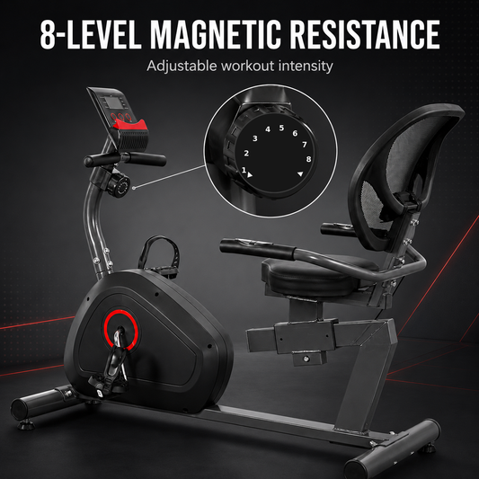 A black and gray 8-level magnetic resistance recumbent exercise bike with a digital display and an adjustable seat, shown on a dark studio background with promotional text and a circular inset highlighting the resistance dial.
