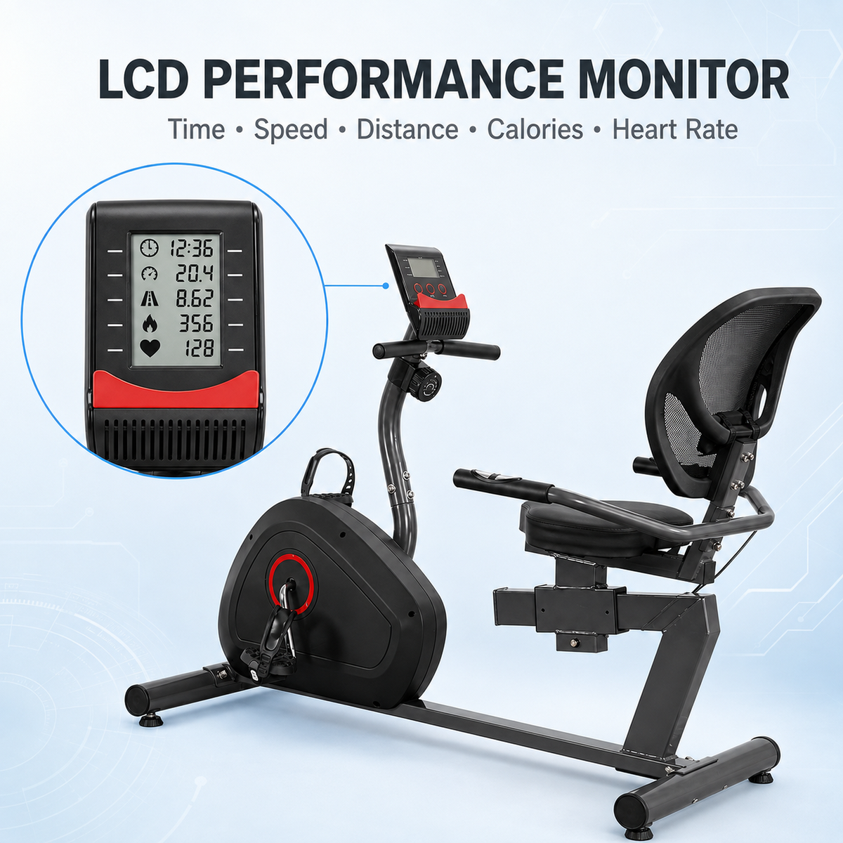 Black and gray recumbent exercise bike with an attached upright handlebar and seat, shown on a light blue background with marketing text reading 'LCD PERFORMANCE MONITOR' and a circular inset showing the display screen.