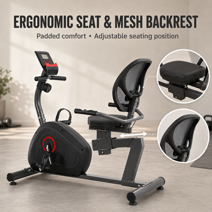 Black recumbent exercise bike with an ergonomic seat and mesh backrest, shown in a home gym setting with text overlays highlighting the padded comfort and adjustable seating position. Two circular inset images on the right show close-ups of the seat and backrest details.