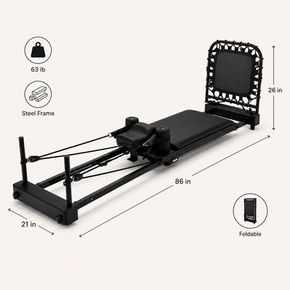 A black Pilates reformer machine with a small front bungee jump, shown on a light beige background with dimension lines and feature icons indicating 86 in length, 21 in width, 26 in height, 63 lb weight, steel frame, and foldable design.