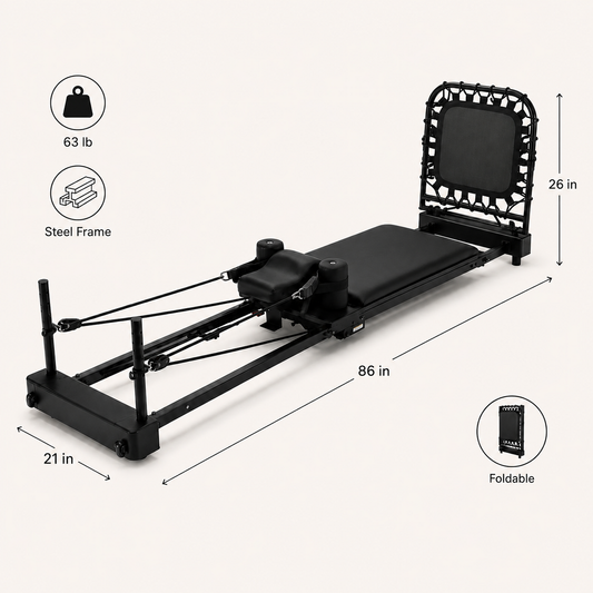 A black Pilates reformer machine with a small front bungee jump, shown on a light beige background with dimension lines and feature icons indicating 86 in length, 21 in width, 26 in height, 63 lb weight, steel frame, and foldable design.