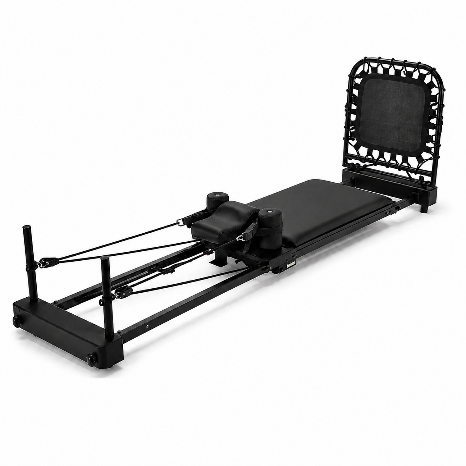 A black Pilates reformer machine with an attached bungee trampoline backrest, featuring padded foam surfaces and resistance cords, photographed on a clean white background.