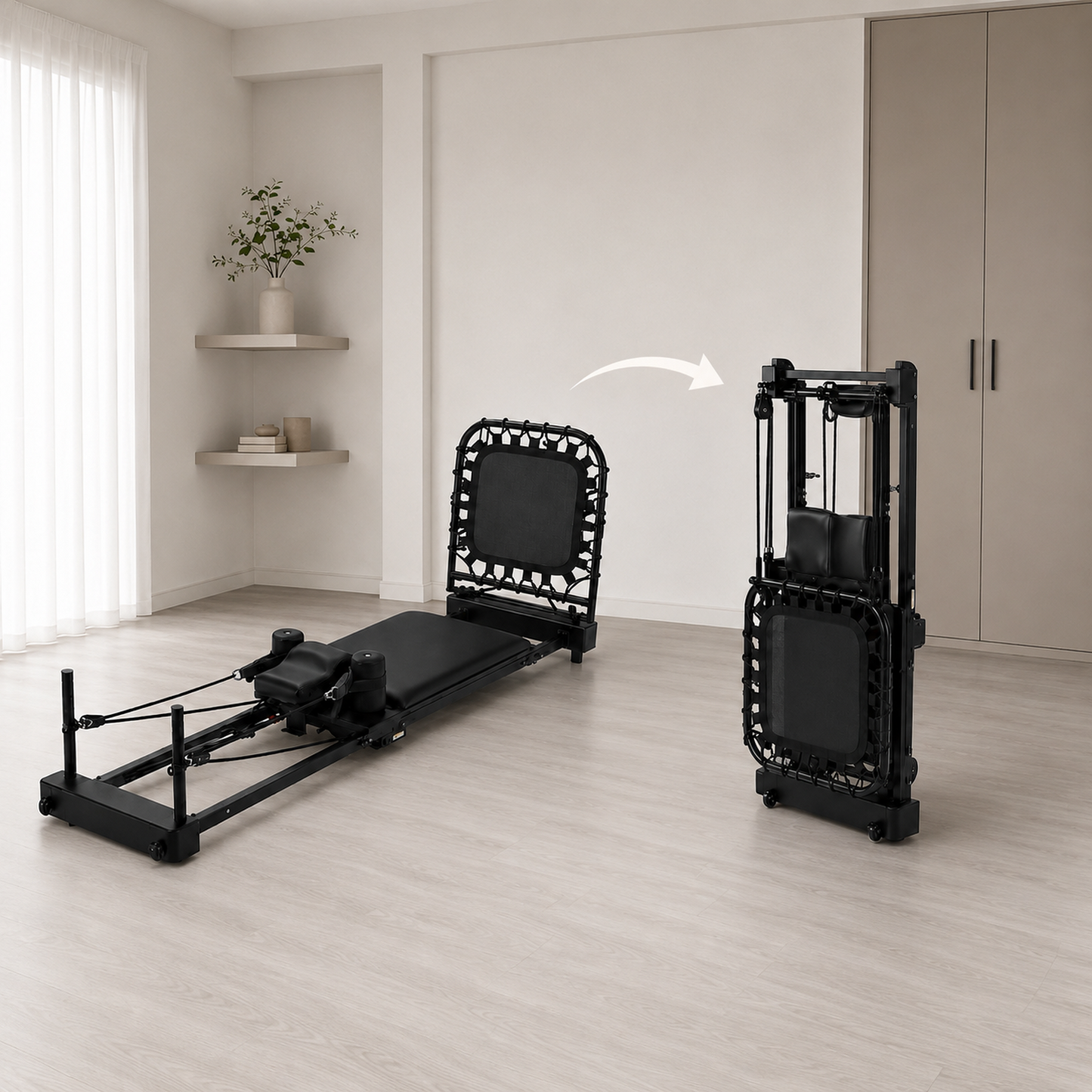 A black reformer exercise machine shown in a bright, minimalist room, alongside its folded storage frame indicated by a white arrow graphic.