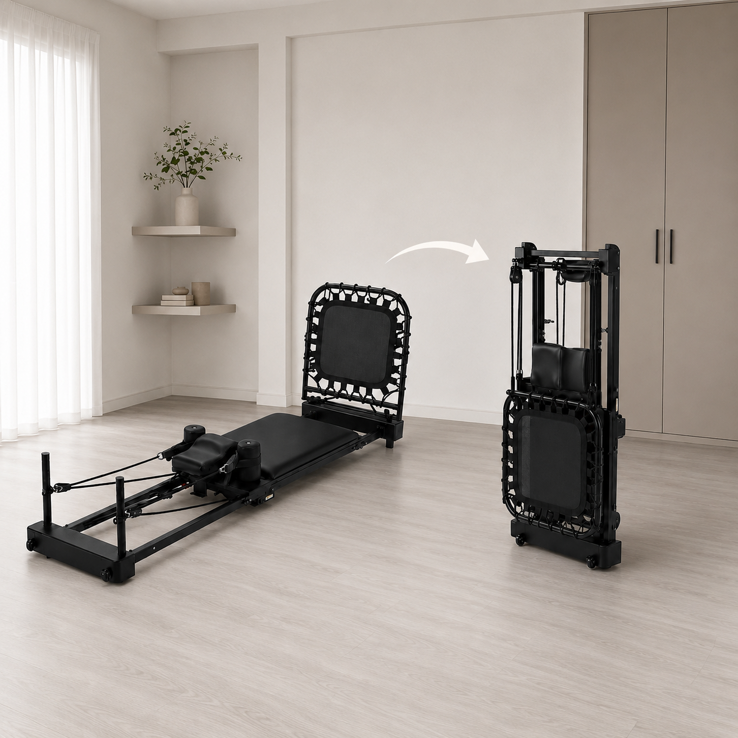 A black reformer exercise machine shown in a bright, minimalist room, alongside its folded storage frame indicated by a white arrow graphic.