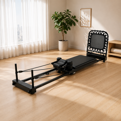 A black Pilates reformer machine with a spring-loaded frame is positioned on a light wood floor in a bright, modern room with sheer white curtains, a potted plant, and a wooden side table.