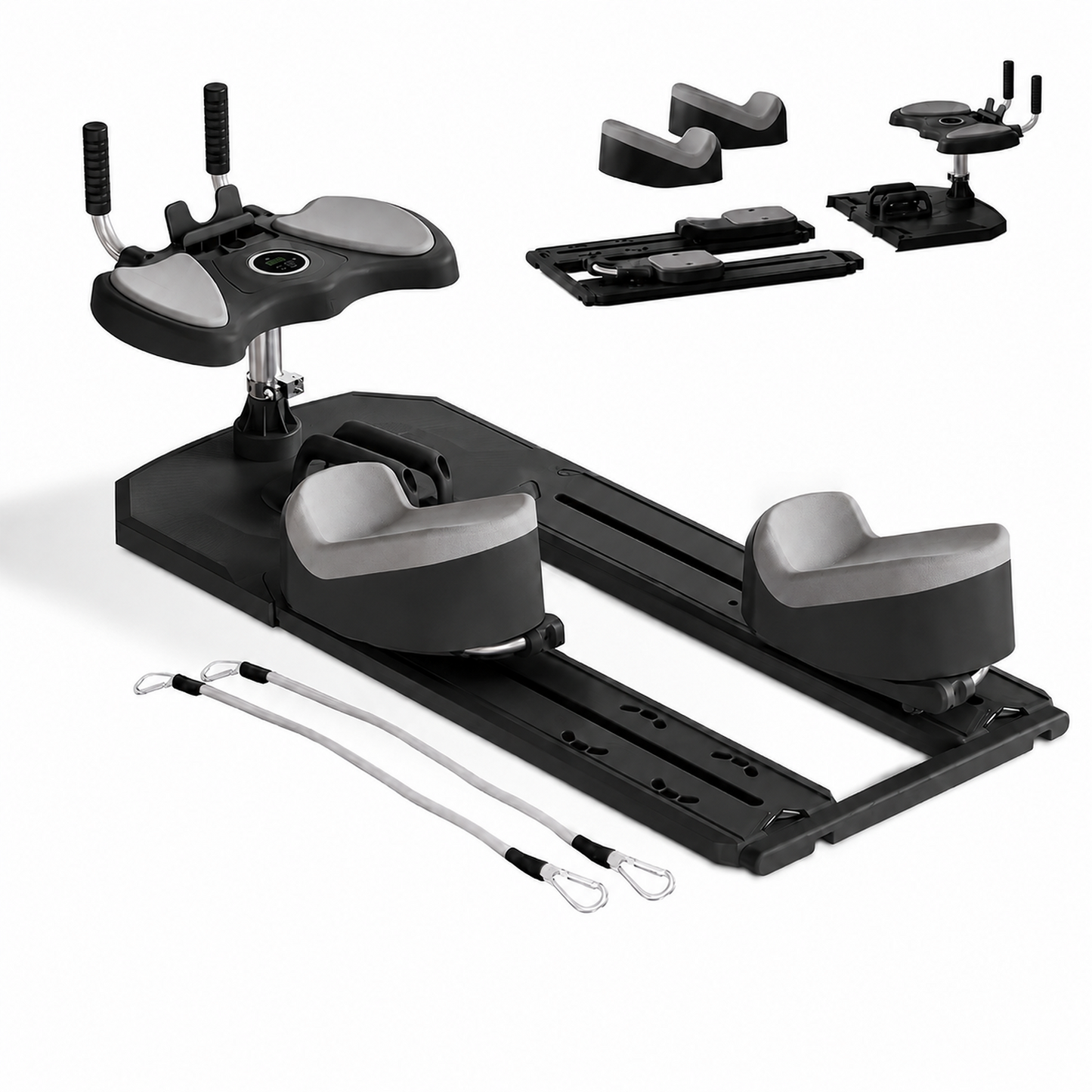 A black and gray Pilates reformer machine shown on a white background, with accessories including resistance bands and separate handle/foot pad components arranged above it.