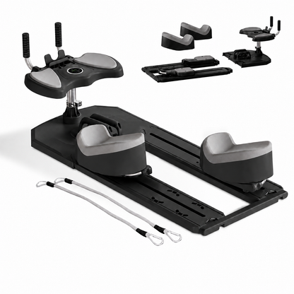 A black and gray Pilates reformer machine shown on a white background, with accessories including resistance bands and separate handle/foot pad components arranged above it.